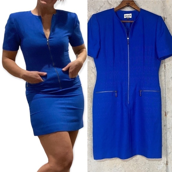 Vintage 90s Kasper royal blue jacquard textured short sleeve mini dress small 6 - Picture 1 of 5